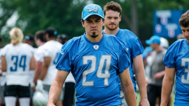 Detroit Lions place kicker John Parker Romo (24) walks off the field after practice during minicamp at Detroit Lions Headquarters and Training Facility in Allen Park on Tuesday, June 6, 2023.